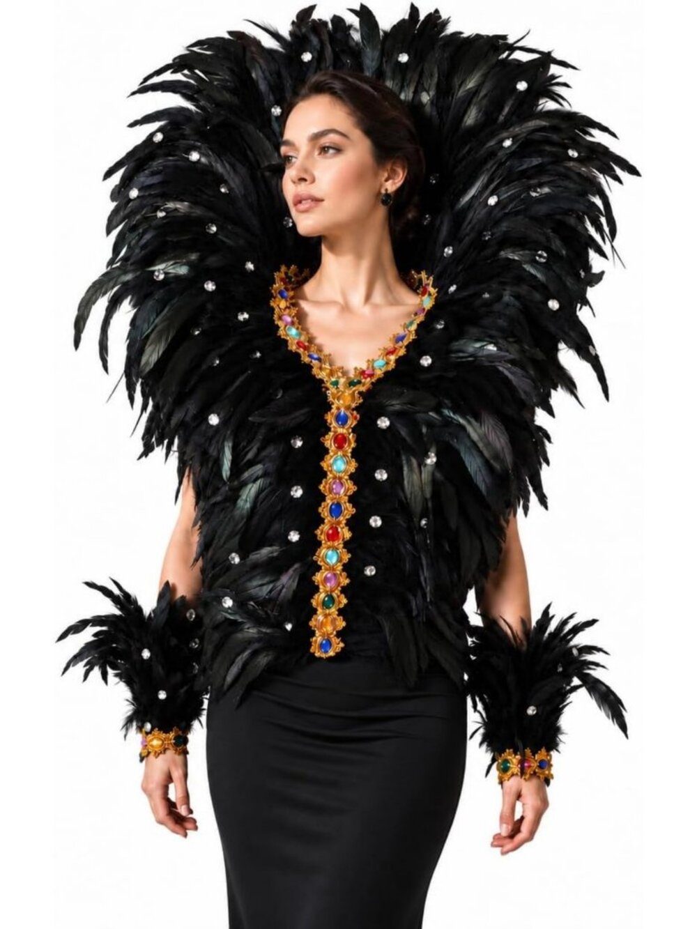 Chic Oversized Black Goose Feather Cape & Cuffs - 3-Piece Showgirl Costume Set